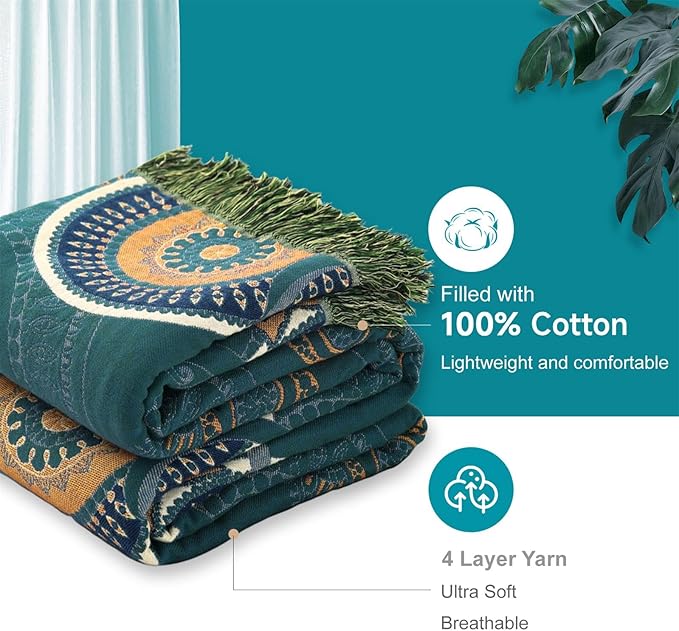 Boho Throw Blanket for Bed 100% Cotton Ultra Soft Rustic Quilt Spring Blanket- Farmhouse Decor Bed Fall Blanket,All Season Rustic Throw for Sofa Couch Chair (Boho-Floral-O, 80"×90")