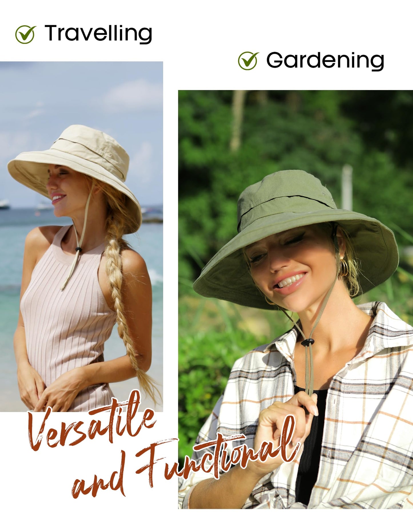 Sun Hats for Women Gardening Hat Wide Brim Ponytail Beach Sun Protection Breathable Cotton Summer Hat with Fold-Up Brim Green