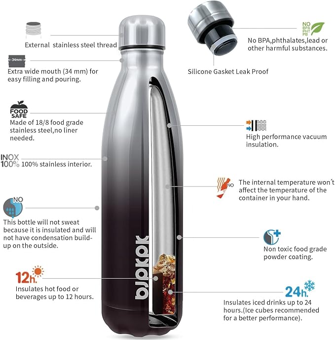 BJPKPK Stainless Steel Water Bottles 25oz Insulated Water Bottle Keep Cold And Hot, Silver Miner
