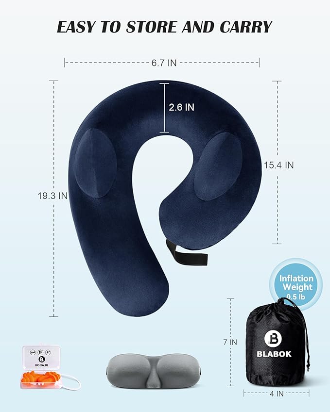 Inflatable Neck Pillow for Travel, Travel Pillow Support Head and Neck, Travel Neck Pillow for Airplane,Train,Car,Office,Home,Washable Cover (Blue)