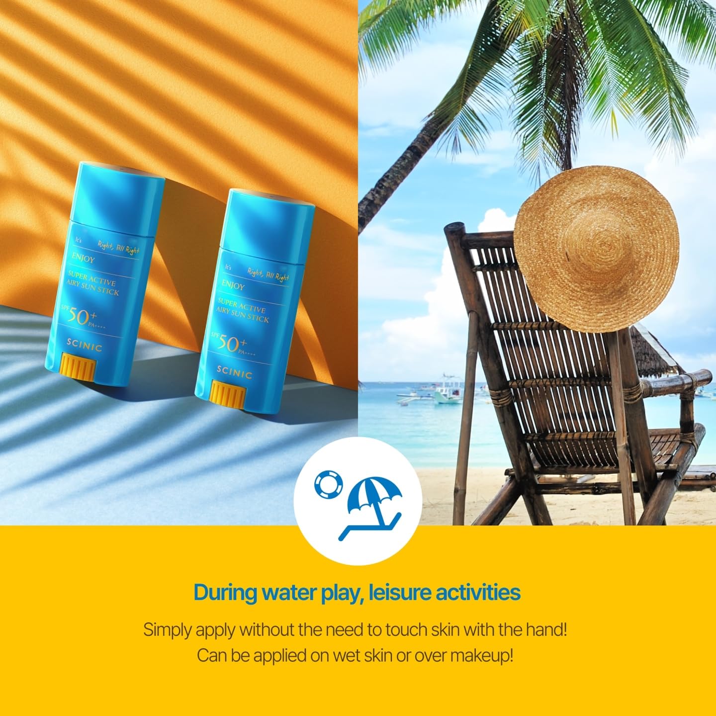 SCINIC Enjoy Super Active Airy Sun Stick SPF50+ PA++++ 0.53oz (15g) | Strong UV Protection Anytime, Anywhere Air-light, Clear | Korean Skincare