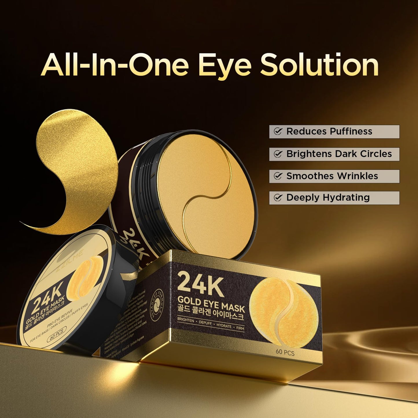 ZZILME 24k Gold Under Eye Patches - Firming, Glowing & Hydrating Hydrogel Mask for Puffy Eyes, Dark Circles, Wrinkles, Eye Bags Treatment, Gifts for Women and Men, 60Pcs Black