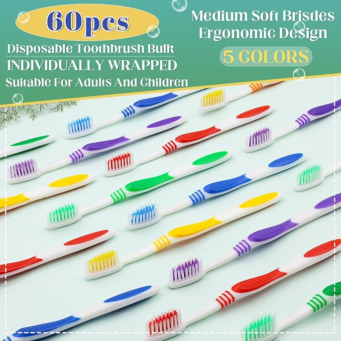 60 Pcs Toothbrush Bulk Disposable, Travel Toothbrushes Pack, Soft Bristle Individually Wrapped and Good Cleaning for Kids, Adult and The Elderly. Suitable for Hotel, Travel, Home, Donated