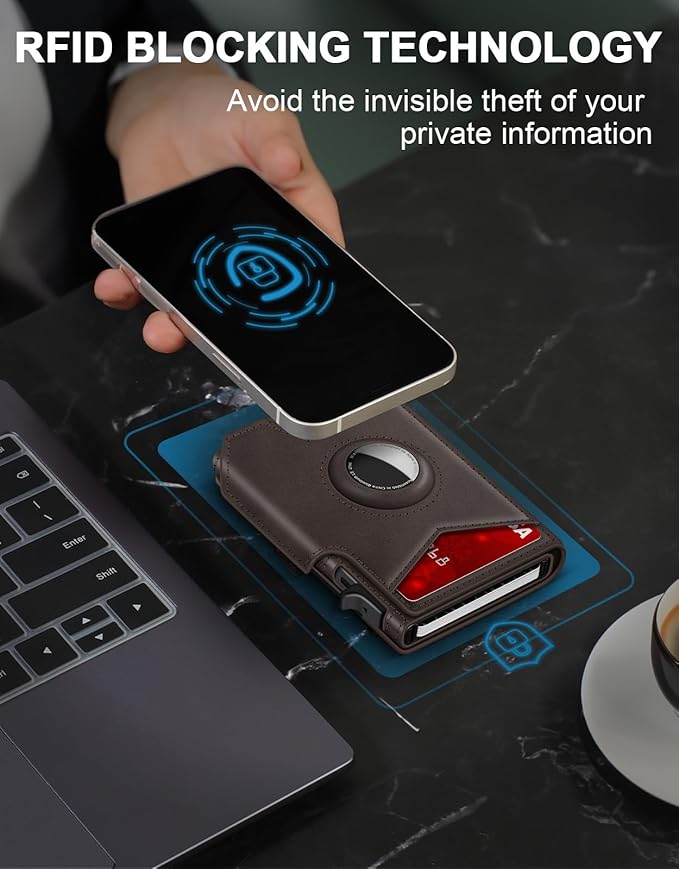 Airtag Wallet for Men, Minimalist Slim Mens Wallet Smart Pop Up Credit Card Holder for 9-13 Cards, RFID Blocking Wallet with ID Window & Cash Slot, Compact Bifold Metal Aluminum Card Case