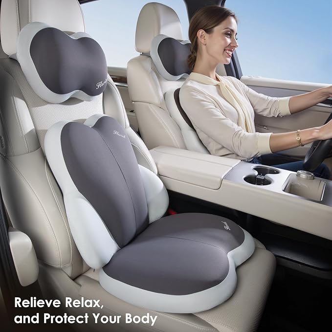 FLORICH 3 PCS Seat Cushion for Carseat Lumbar Support Pillow Car Neck Headrest Pillows Ultrathick Memory Foam Seat Pads Pressure Relief Back Cushion for Office Chair(Grey)