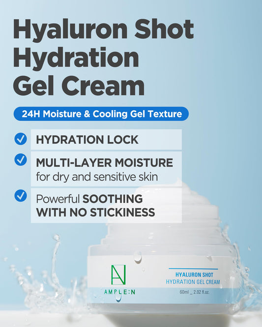 AMPLE:N Hyaluronshot Hydration Gel Cream - Korean Face Moisturizer with 10 Types of Hyaluronic Acid for Long-Lasting 24-Hour Moisture, Lightweight Non-Sticky Formula for Dry Sensitive Skin, 2.03oz.