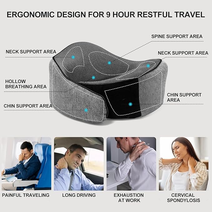 Travel Pillows for Airplanes, 100% Pure Memory Foam Neck Pillow for Airplanes, Comfortable Breathable Cover, 360° Support Pillows for Sleeping, Car, Airport Travel Essentials (Gray)