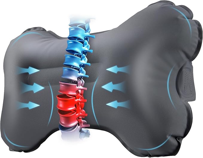 Mixtrend Travel Lumbar Pillow Inflatable Lumbar Support Pillow with Memory Foam, Back Support Pillow for Airplane Long Flight, Essential Travel Support Pillow for Women Men Kids（Chrcoal Grey）