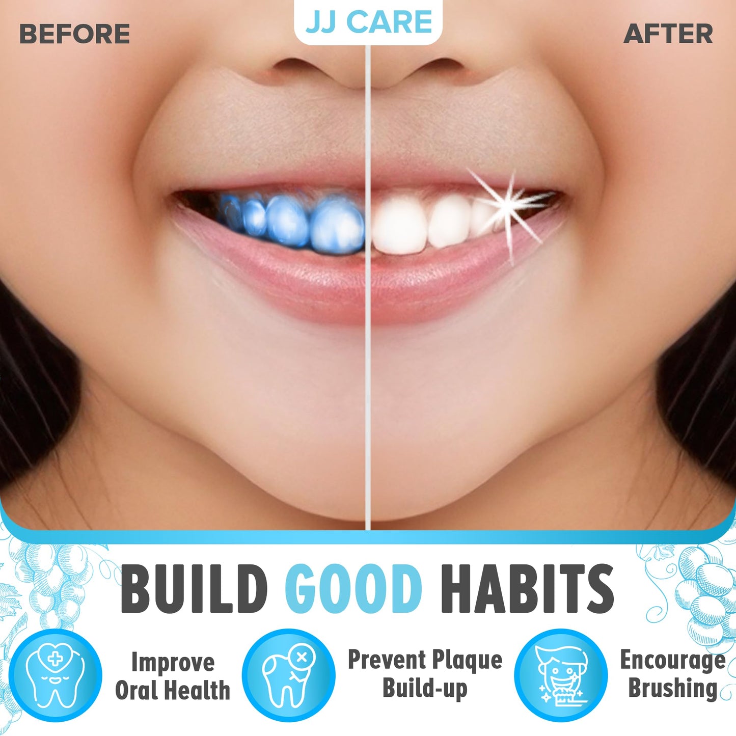 JJ Care Disclosing Tablets for Kids - 60 Count, Individually Wrapped Plaque Disclosing Tablets for Kids Brushing Teeth, Grape Flavored Plaque Remover, Dental Care for Teeth Brushing