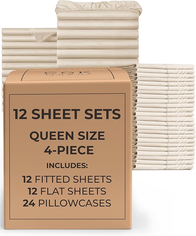Bulk Case Pack of 12 Sheet Sets - (12) Complete Sheet Sets - Bulk Queen Bedding - Wholesale Case Pack for Hotels, Spa & Airbnbs - Deep Pocket, Fade & Wrinkle Free - Cooling & Breathable - Queen, Cream