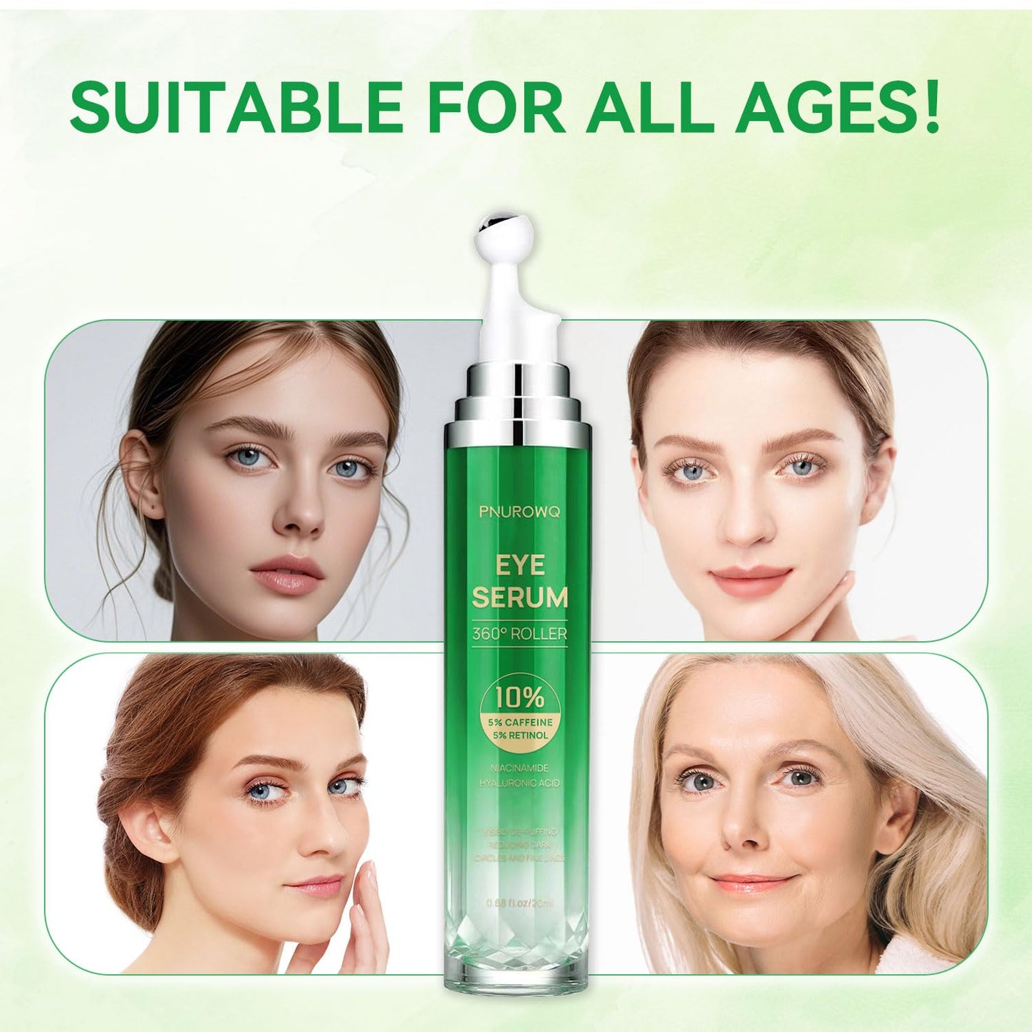 Eye Serum with 5% Caffeine & 5% Retinol for Dark Circles, Puffiness Puffy Bags & Wrinkles Fine Lines - Under Eye Roller Cream Anti Aging Treatment with 360° Massage Ball for Men and Women