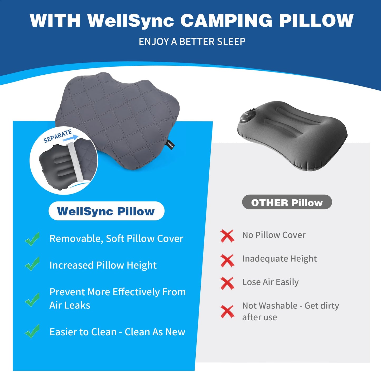 WellSync Camping Pillow with Removable Soft Cooling Cover, Ultralight Inflatable Travel Pillow for Neck Lumbar Support, Upgrade Backpacking Air Pillows for Camping, Hiking, Backpacking