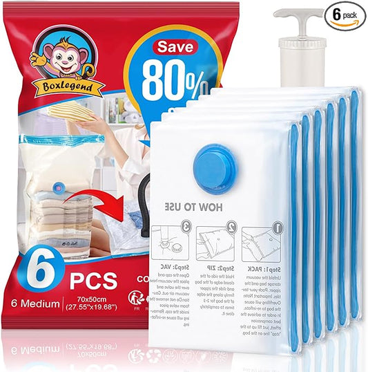 BoxLegend Vacuum Storage Bags with Hand Pump 6 Medium 19.68’’x27.56’’ Thickened Vacuum Seal Bags for Clothing Bed Sheets Pillowcases Compression Space Saving for Luggage, Backpack, Suitcase
