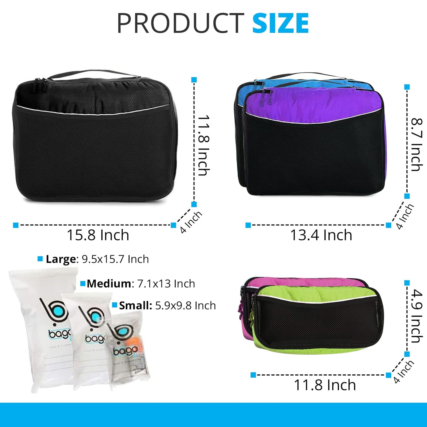 bago 8 Pcs Packing Cubes for Travel - 5 Travel Packing Cubes for Suitcases with 3 ZipLock Bags, Luggage Organizer Bags to Get Maximum Storage, Save Time & Effort to Pack (Black Blue Purple Green Pink)