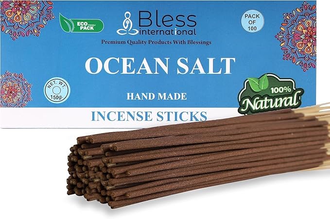 Bless-Ocean-Salt 100%-Natural-Handmade-Hand-Dipped-Incense-Sticks Organic-Chemicals-Charcoal-Free Purification-Relaxation-Positivity-Yoga-Meditation Best-Woods-Scent (100 Sticks(5.25 OZ))