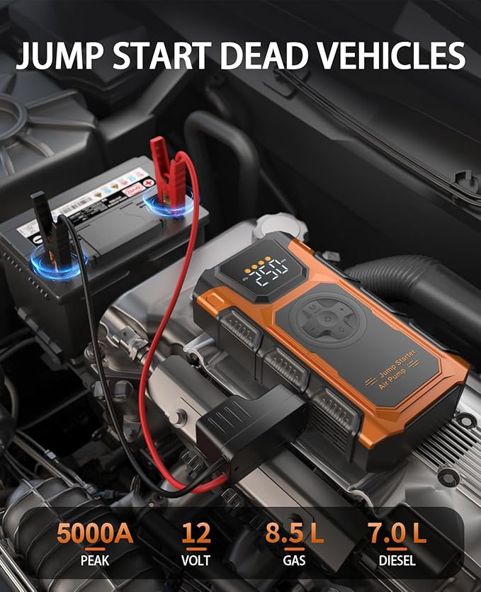 Jump Starter with Air Compressor, 5000A Car Battery Charger Power Jump Box Start 12V Vehicles(Up to 8.5L Gas&7.0L Diesel Engines) Portable Car Booster Jumper Pack Combo150 PSI Tire Inflator