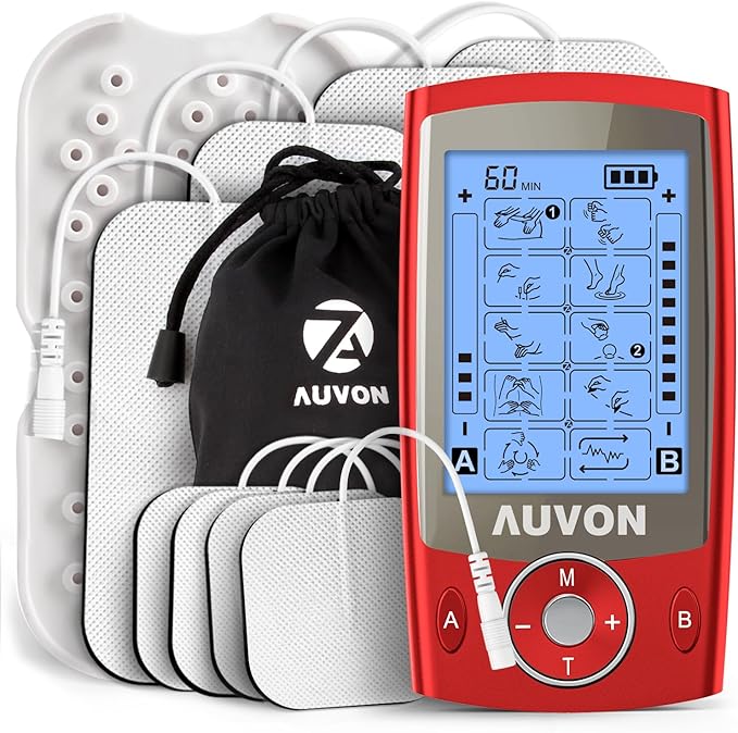 AUVON Dual Channel TENS Unit Muscle Stimulator Machine with 20 Modes, 2" and 2"x4" TENS Unit Electrode Pads (Red)