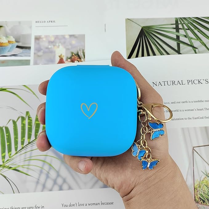 Compatible with Powerbeats Pro, Soft Silicone Case with Gold Heart Pattern for Powerbeats Pro Case with Cute Butterfly Keychain for Girls Women (Blue)