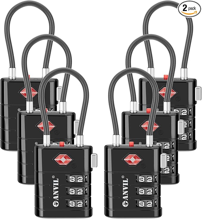 ANVIL TSA Approved Luggage Locks – High Security TSA008 Combination Travel Locks with Inspection Indicator for Suitcases and Backpacks. (6, Black)