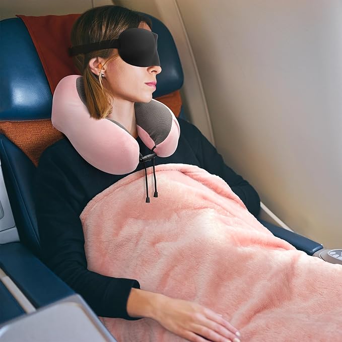 Travel Pillow and Blanket Set Neck Pillows Travel Essentials with Sleep Mask for Airplane Car Memory Foam Pink