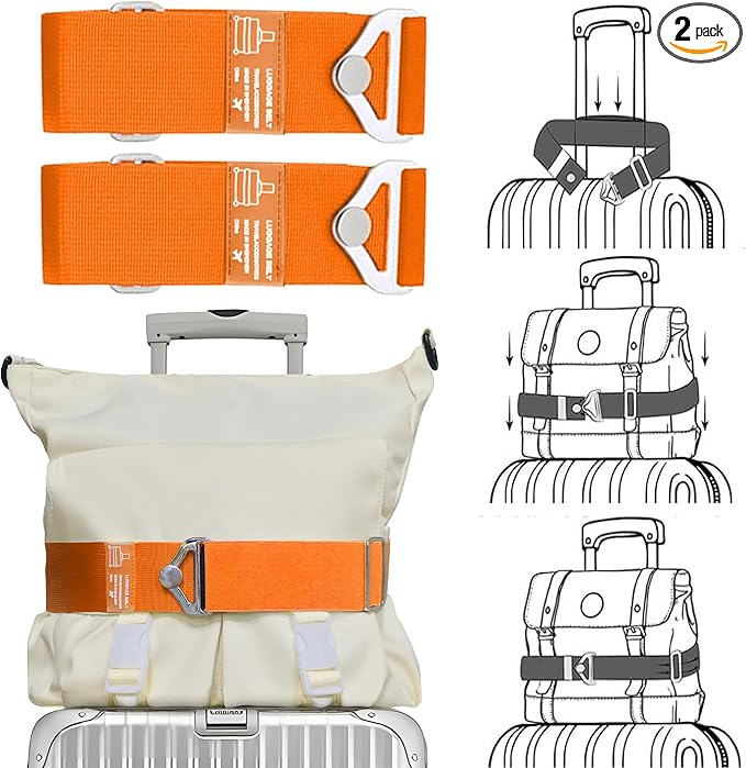 2-in-1 Travel Strap for Luggage Over Handle,Luggage Belt for Carry on Bag, Suitcase Belt, Add a Bag Bungees Luggage Straps Adjustable with Alloy Buckle, Hands-Free for Airport (Orange)