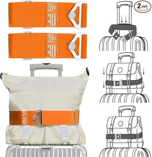 2-in-1 Travel Strap for Luggage Over Handle,Luggage Belt for Carry on Bag, Suitcase Belt, Add a Bag Bungees Luggage Straps Adjustable with Alloy Buckle, Hands-Free for Airport (Orange)