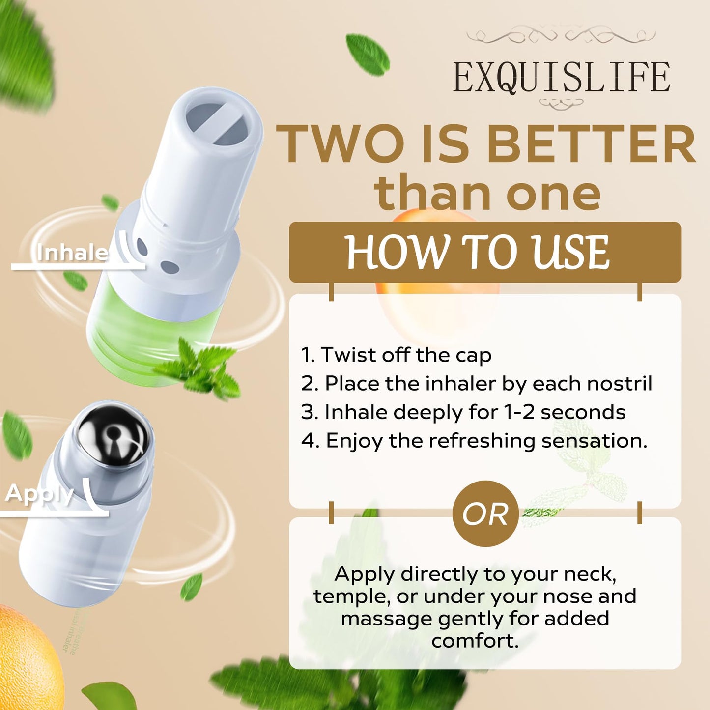 EXQUISLIFE Mint Nasal Stick with Peppermint Oil - Drug-Free Portable Nasal Inhaler for Sinus Relief & Mental Clarity, Soothing Aromatherapy Stick for Adults & Students, 1 Count (1)