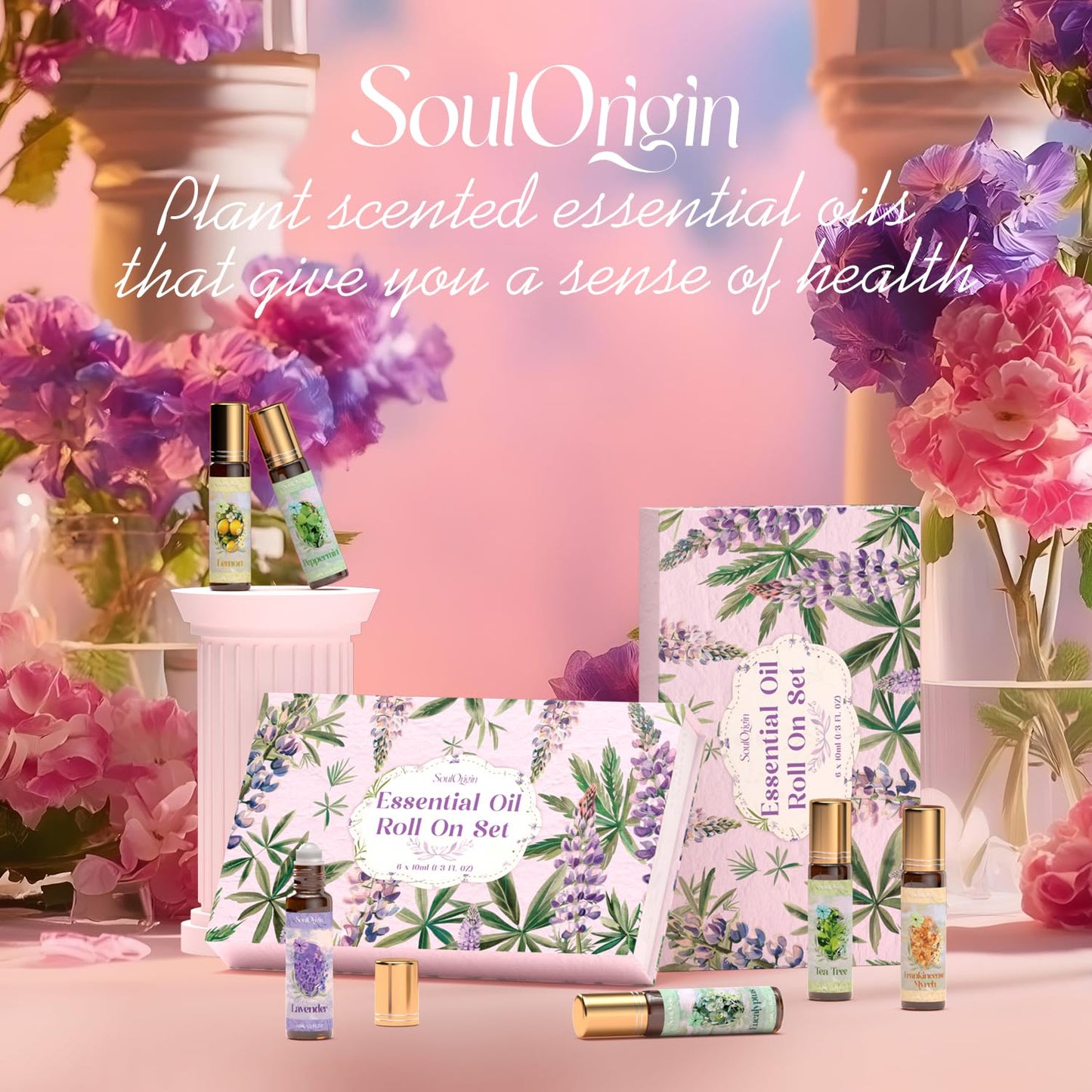 SoulOrigin Essential Oil Roll On Set, Natural Aromatherapy Oils with Portable Roller Ball for Skin Care- Tea Tree, Frankincense & Myrrh, Lavender, Peppermint, Eucalyptus, Lemon - Gifts for Women & Men