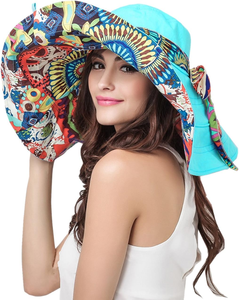 Women's Foldable Floppy Reversible Travel Beach Sun Visor Hat Wide Brim UPF 50+ Blue
