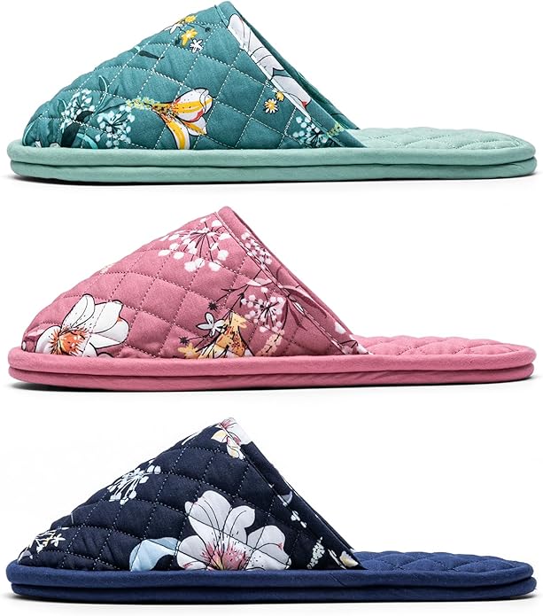 3 Pairs Floral Cotton House Slippers for Women, Open Toe Indoor Slippers Comfortable Washable Portable Foldable Guest Travel Hotel Airplane Spa Slippers