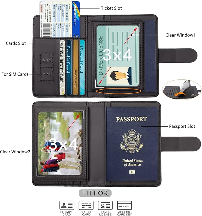 Cnycmy Passport Holder with Vaccine Card Slot, RFID Blocking, Waterproof, Unisex, Faux Leather, 2-in-1 Travel Organizer (Black)
