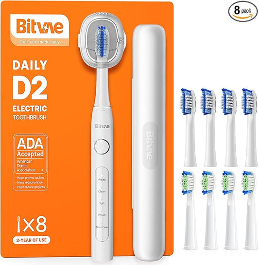 Bitvae Ultrasonic Electric Toothbrush for Adults and Kids, ADA Accepted Travel Toothbrush with Rechargeable 60-Day Battery Life, 5 Modes, 8 Heads, Case, Holder, Frost White
