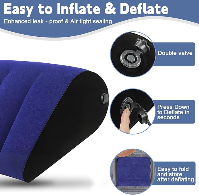 TheClover Inflatable Wedge Pillow for Sleeping – Portable Travel Bed Wedge & Silk Sleep Mask Set, Compact Storage for Home, Camping & Airplane Use (Blue)