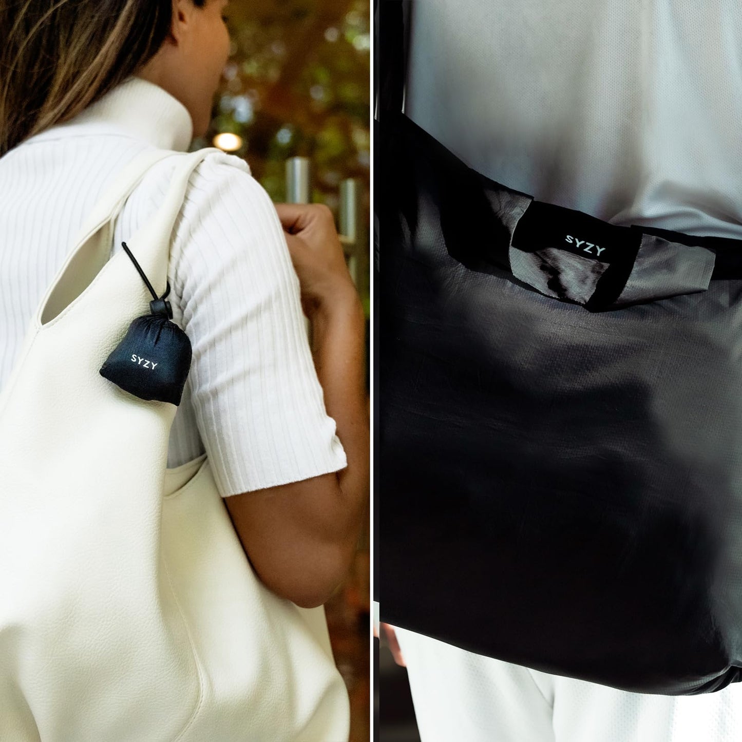 SYZY Crossbody Packable Travel Tote Bag - Portable Nylon Shopping Beach Market Bag - Reusable Collapsible Stuffable Pouch (Black)