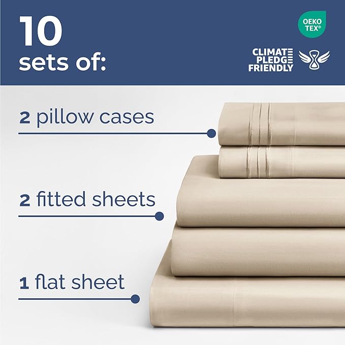 Bulk Case Pack of 10 Sheet Sets - (10) Complete Split King Size Sheet Sets w/ Deep Pockets - Wholesale Bulk Bedding for Hotels, Spas & Airbnbs - Breathable and Wrinkle Free - (Split King, Wheat)