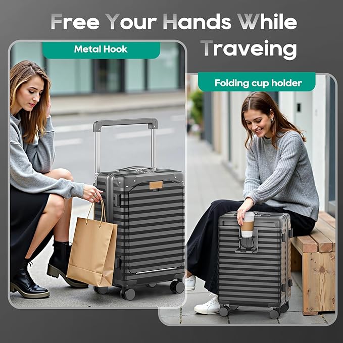 Joyway 20 Inch Carry on Luggage with Front Pocket, PC Hardshell Carry-on Suitcase with USB Port and Cup Holder, 21.5x14.2x9 Airline Approved, Luggage with Spinner Wheels and TSA Lock (Grey)