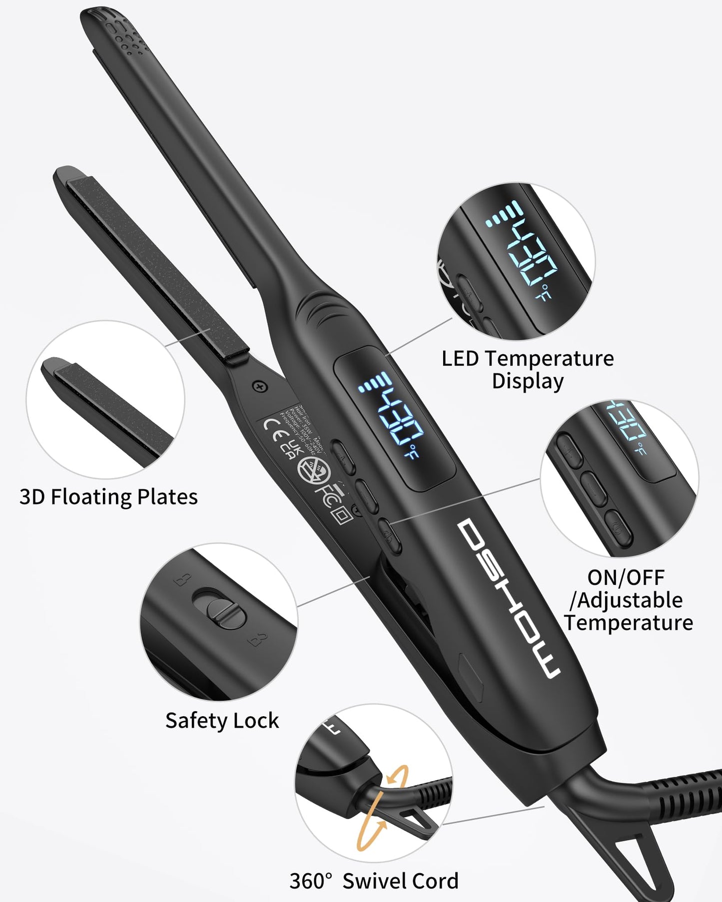 Small Flat Irons for Short Hair, 3/10'' Pencil Flat Iron, Pixie Cut and Bangs, Mini Hair Straightener with LED Display, Tiny Hair Straightener with Temperature Adjustable, Auto Shut Off