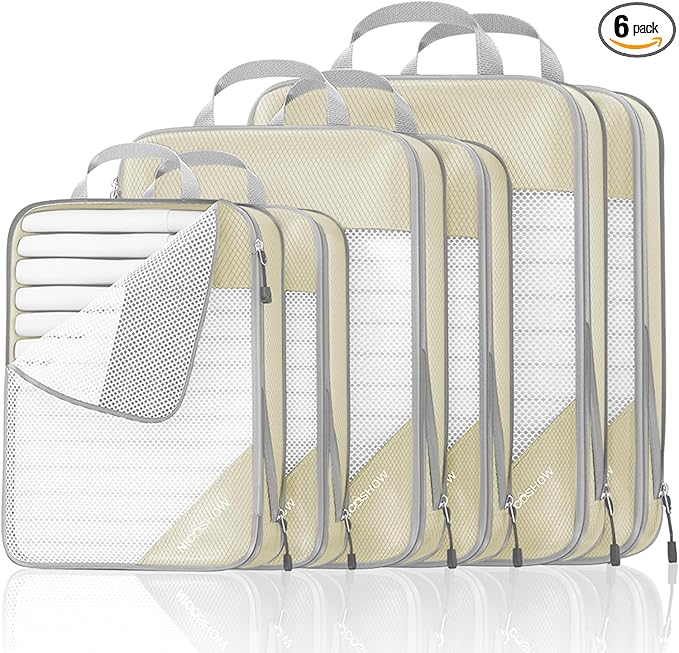 Compression Packing Cubes 6 Set, Compressible Space-Saving Packing Cubes for Travel - Compression Bags, Luggage Organizer, Travel Essentials for Women, Beige