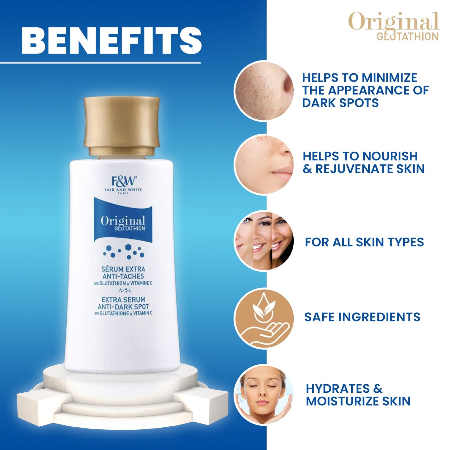 FAIR & WHITE Original Glutathione Dark Spot Serum - 1 fl oz / 30ml - Skin Brightening Serum, Helps to Reduce Skin Pigmentation - Skin Brightening Serum for Face & Body - with Glutathione & Vitamin C