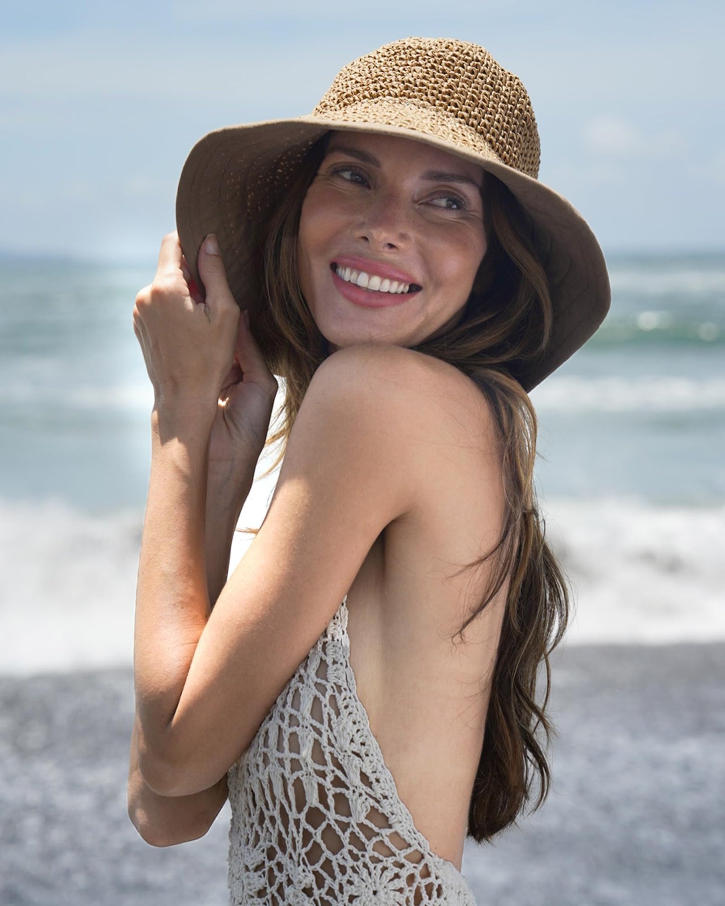 FURTALK Summer Straw Beach Sun Hats for Women UPF 50 Floppy Wide Brim Travel Bucket Hat Foldable Packable Khaki