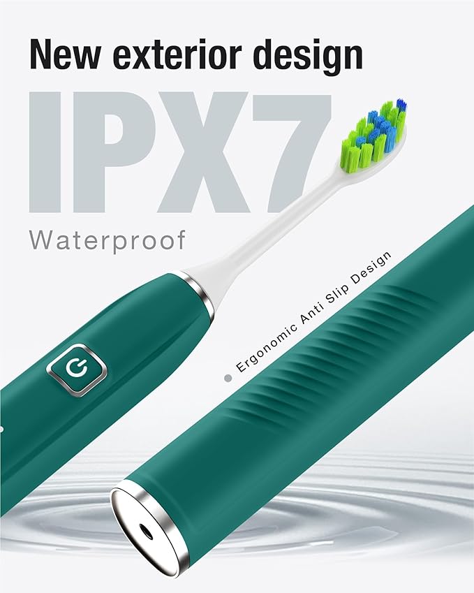 7AM2M Sonic Electric Toothbrush with 6 Brush Heads for Adults&Kids, One Charge for 120 Days, Wireless Fast Charge, 5 Modes, 40000VPM Powered Toothbrush, 2 Minutes Built in Smart Timer - Peacock Green