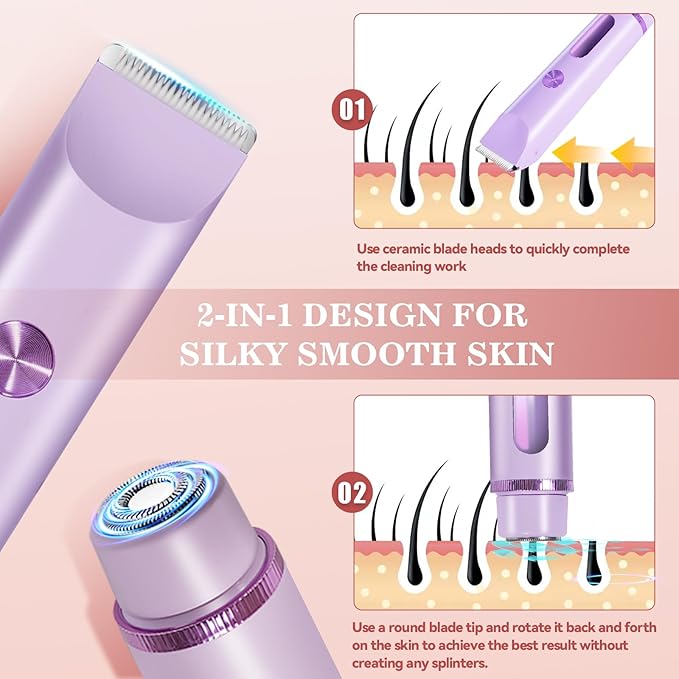 Bikini Trimmer for Women 2in1 High Power Epilators Hair Removal Waterproof Electric Razors Women's Electric Razor Pubic Hair Trimmer Shaver for Women for Ladies Pubic，Face， Underarms，Legs (Purple)