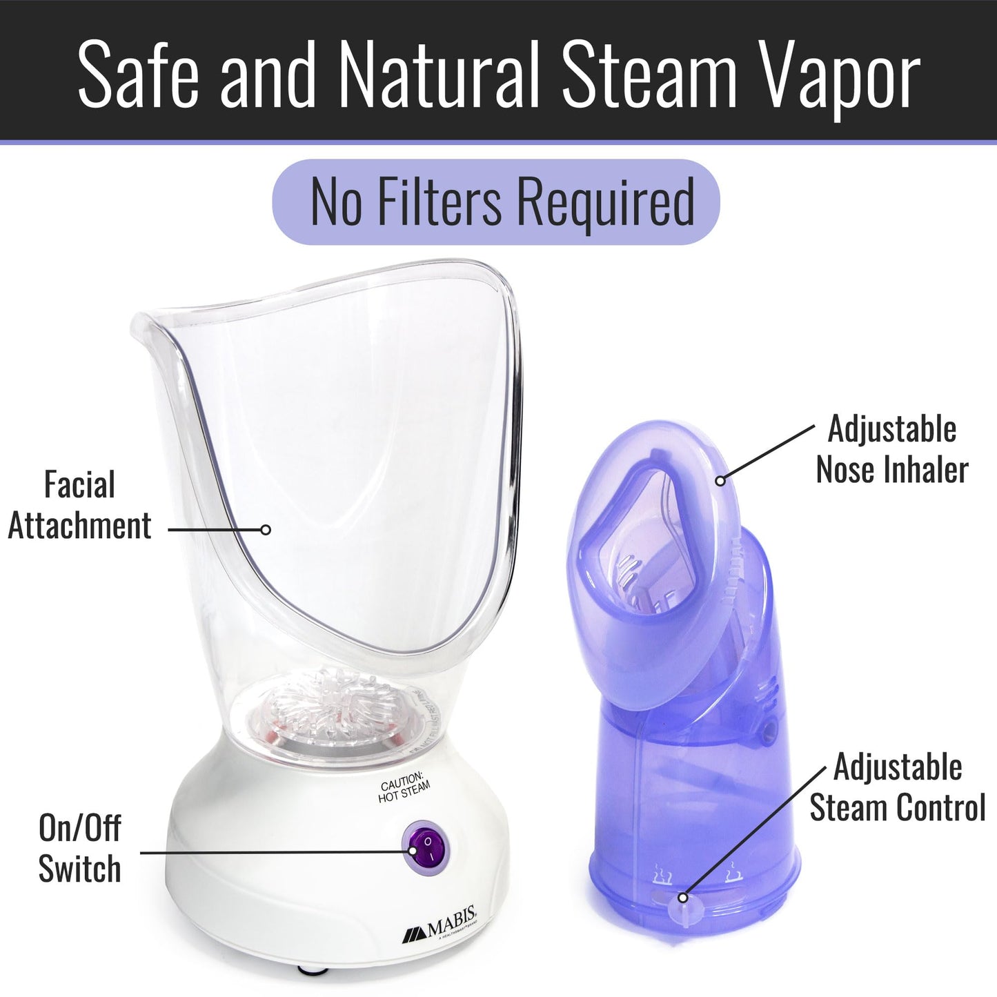 Mabis Steam Inhaler with Adjustable Facial & Nasal Mask (FSA/HSA) - Natural Vapor Inhaler Therapy for Sinus Relief, Skincare, & Pore Cleansing | Plug-in Vaporizer Humidifier - 60ml Liquid Capacity