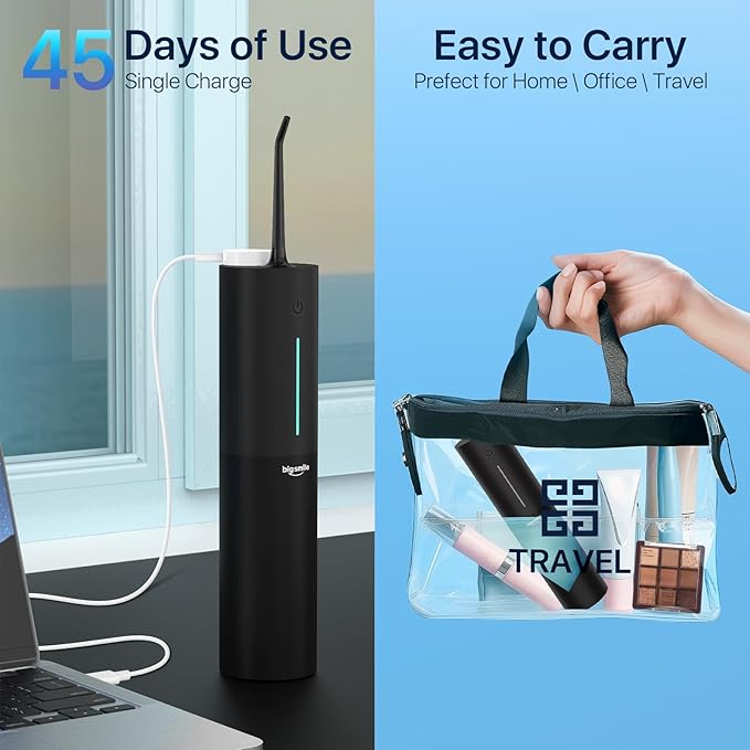 Bigsmile Black Water Flosser Cordless Portable Dental Irrigator Travel Shower Strong Pick Floss IPX7 200ML Must Have for Kids Braces Bridges (Black