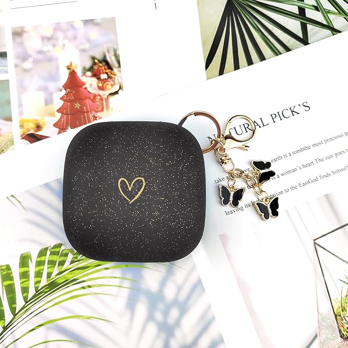 Compatible with Powerbeats Pro, Soft Silicone Case with Gold Heart Pattern for Powerbeats Pro Case with Cute Butterfly Keychain for Girls Women (Glitter Black)