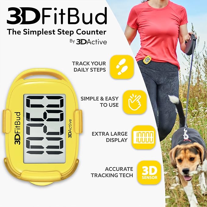 3DFitBud Simple Step Counter Walking 3D Pedometer by 3DActive with Clip, Lanyard Accurate Fitness Tracker for Men, Women & Elderly Daily Exercise - A420S