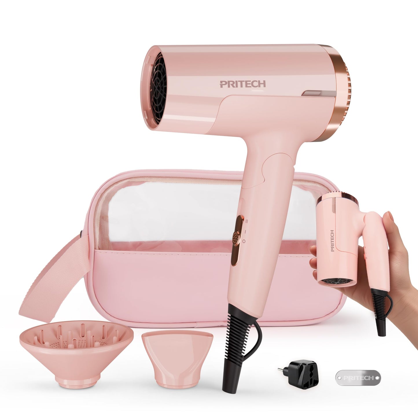 PRITECH 1250W Dual Voltage Travel Hair Dryer - Foldable Blow Dryer with Concentrator Diffuser,110V/220V Worldwide Use, Compact Lightweight Design, EU Plug Included