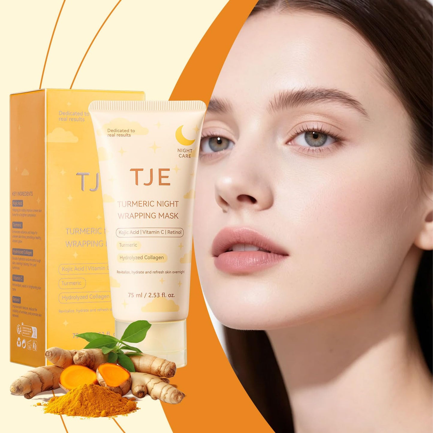 TJE Turmeric Collagen Night Wrapping Mask with Kojic Acid, Vitamin C, Turmeric Overnight Peel Off Face Mask for Clear Skin - Facial Mask Elasticity & Hydration Care - 2.53 fl.oz / 75ml (1 Pcs)