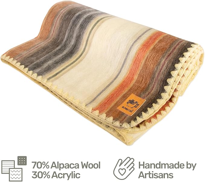 ALPAKITAS Alpaca Wool Blanket Throw | Large, Beautiful, Warm, Stripes | 64 x 45 inches | Ultra-Soft, Hypoallergenic and Breathable | Non-Itchy or Scratchy (Brown)