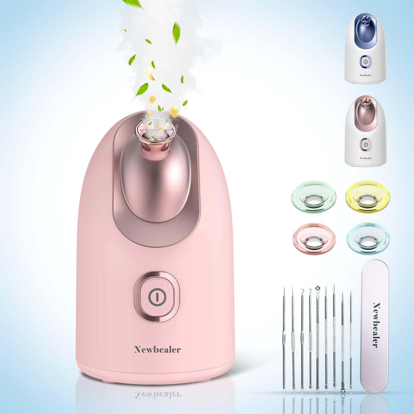 Newbealer Facial Steamer, Mini Aroma Face Steamer, Nano Ionic Hot Mist Facial Humidifier Atomizer, Home Sauna Spa Sprayer Moisturizing Cleansing Pores, 9 Pieces Acne Remover Kit (Pink-Gold, 160ml)